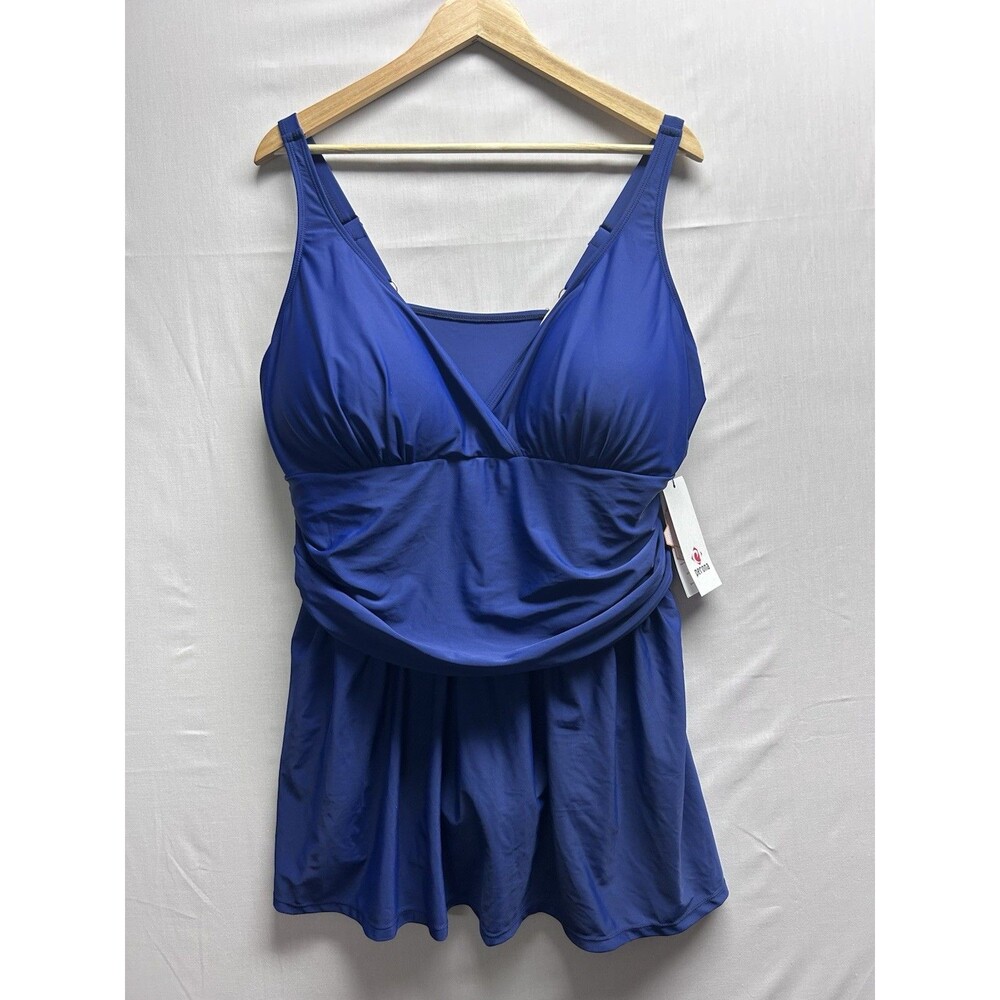 Perona Women’s Plus Size 26 Navy Blue Rouched One Piece Swim Dress NWT